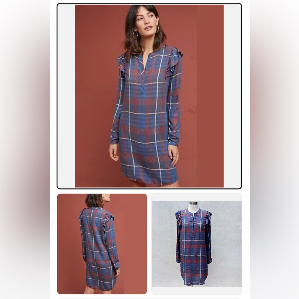 CLOTH & STONE Anthropologie RUFFLED SHIRT DRESS Plaid Brushed